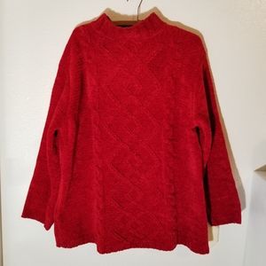 Vintage Chenille Cableknit Sweater Red Mock Turtleneck Womens Size Large